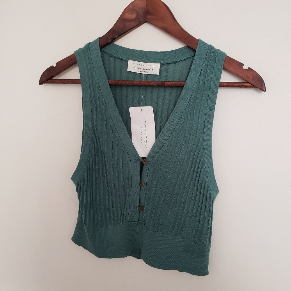 American Threads Teal Ribbed Button-Front Crop Top - Picture 2 of 8